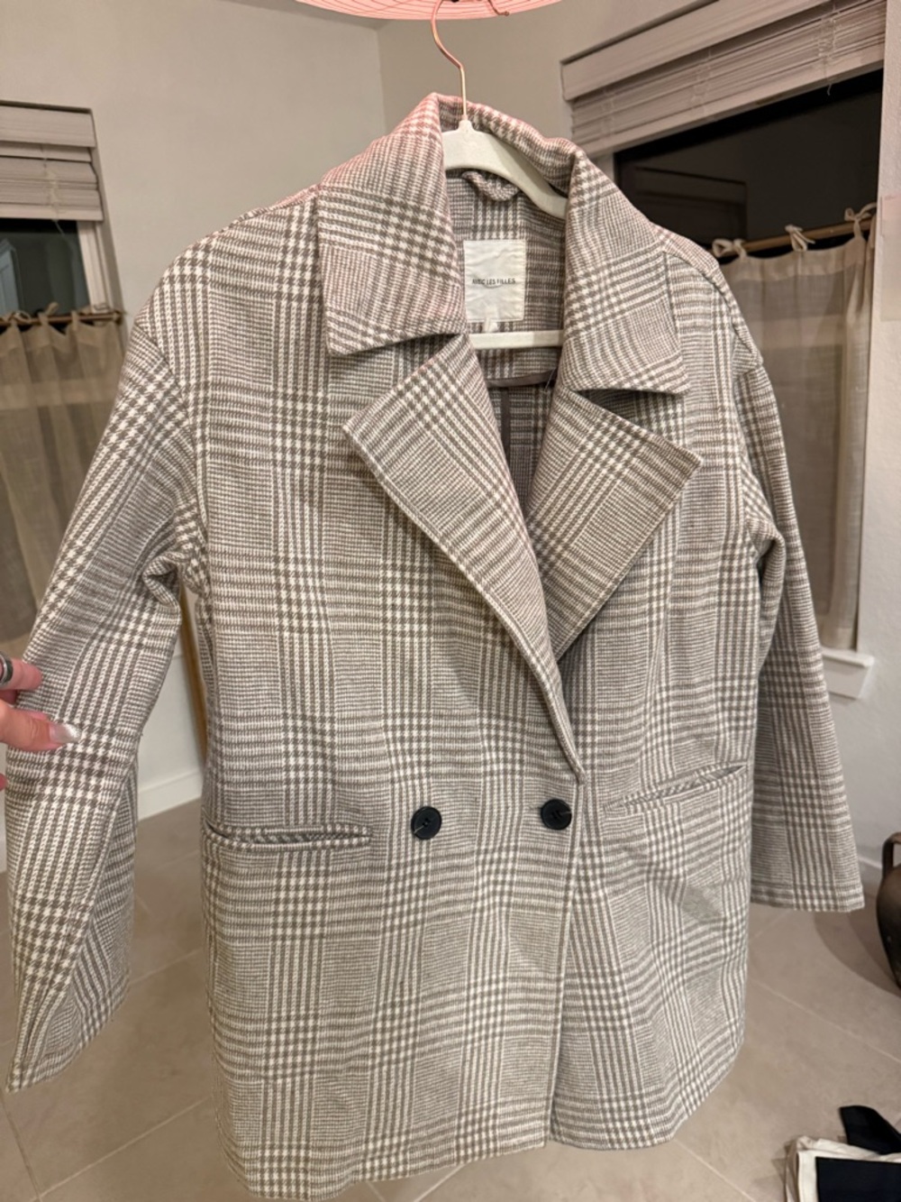 Avec Les Filles Beige Plaid Double-Breasted Pea Coat